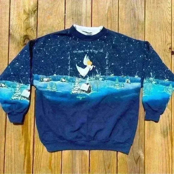 Vintage Artisans Made In Florida Blue Christmas Angels Crewneck Sweatshirt Large - Picture 1 of 5